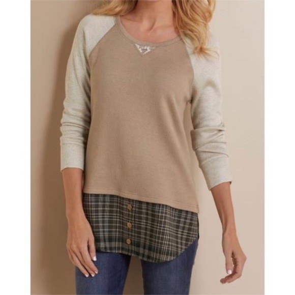Soft Surroundings Alchemy Top size‎ L plaid cream tan long sleeves - Picture 1 of 11